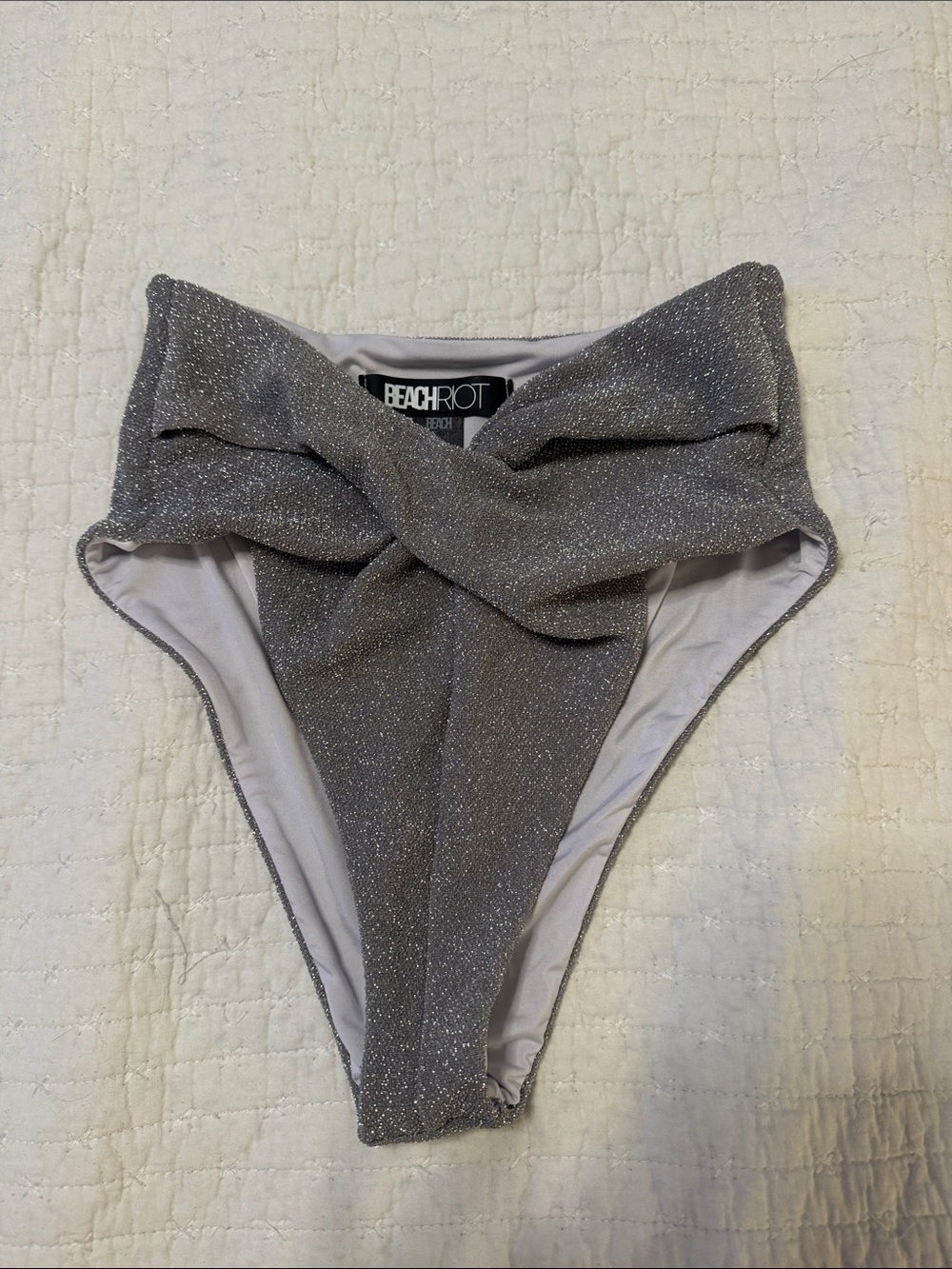 Beach Riot Silver Shimmer Twist-Front High Rise Bikini Bottom